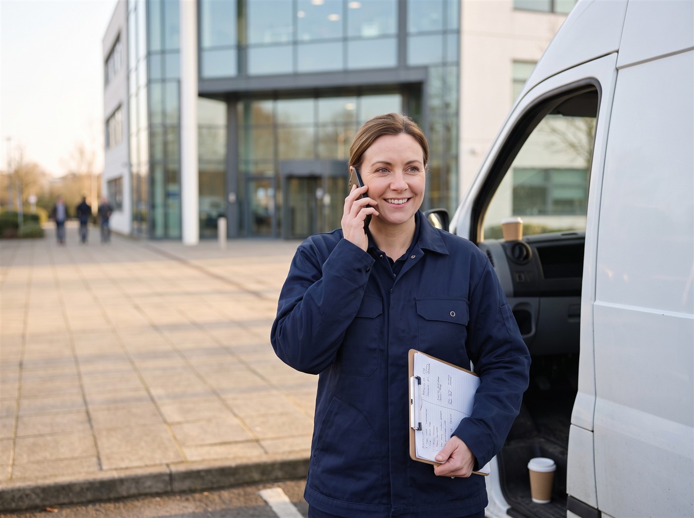 A service business owner taking a call beside her work van