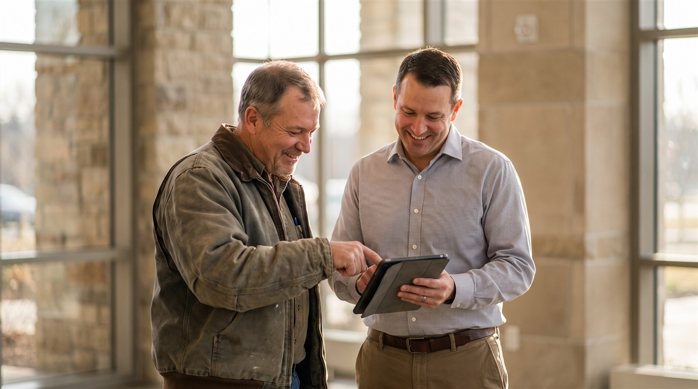 A contractor showing a tablet to a facility manager, both smiling