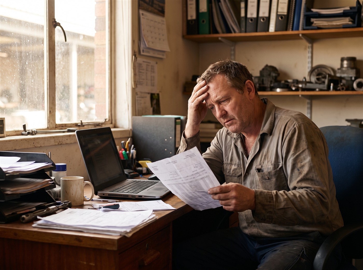 A business owner at his desk reading a document