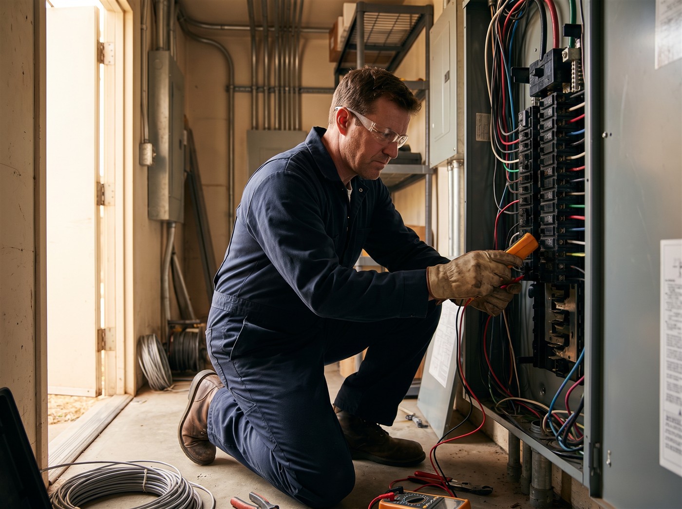 An electrician testing a distribution panel