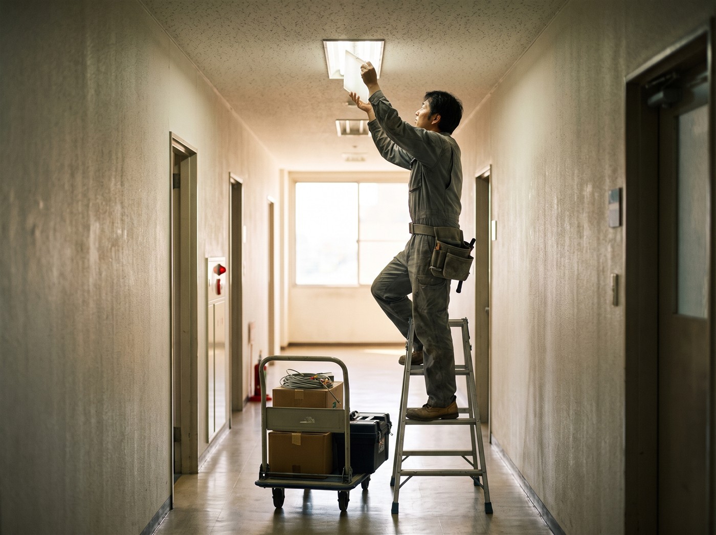 A maintenance technician replacing a ceiling light