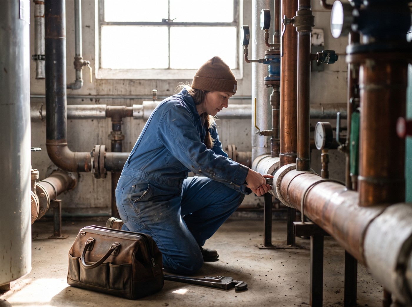 A plumber repairing pipes in a mechanical room
