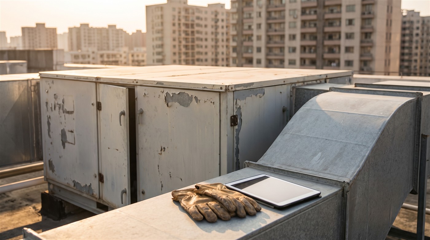 A maintenance technician checking rooftop ventilation units